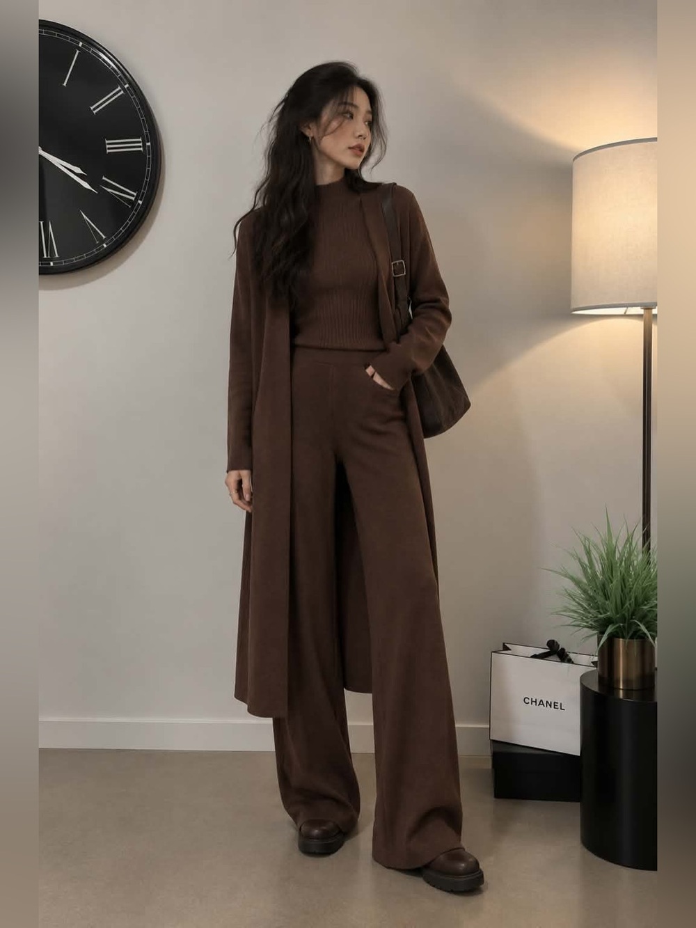 Commense Three-Piece Brown Knit Wide-Leg Pants Set